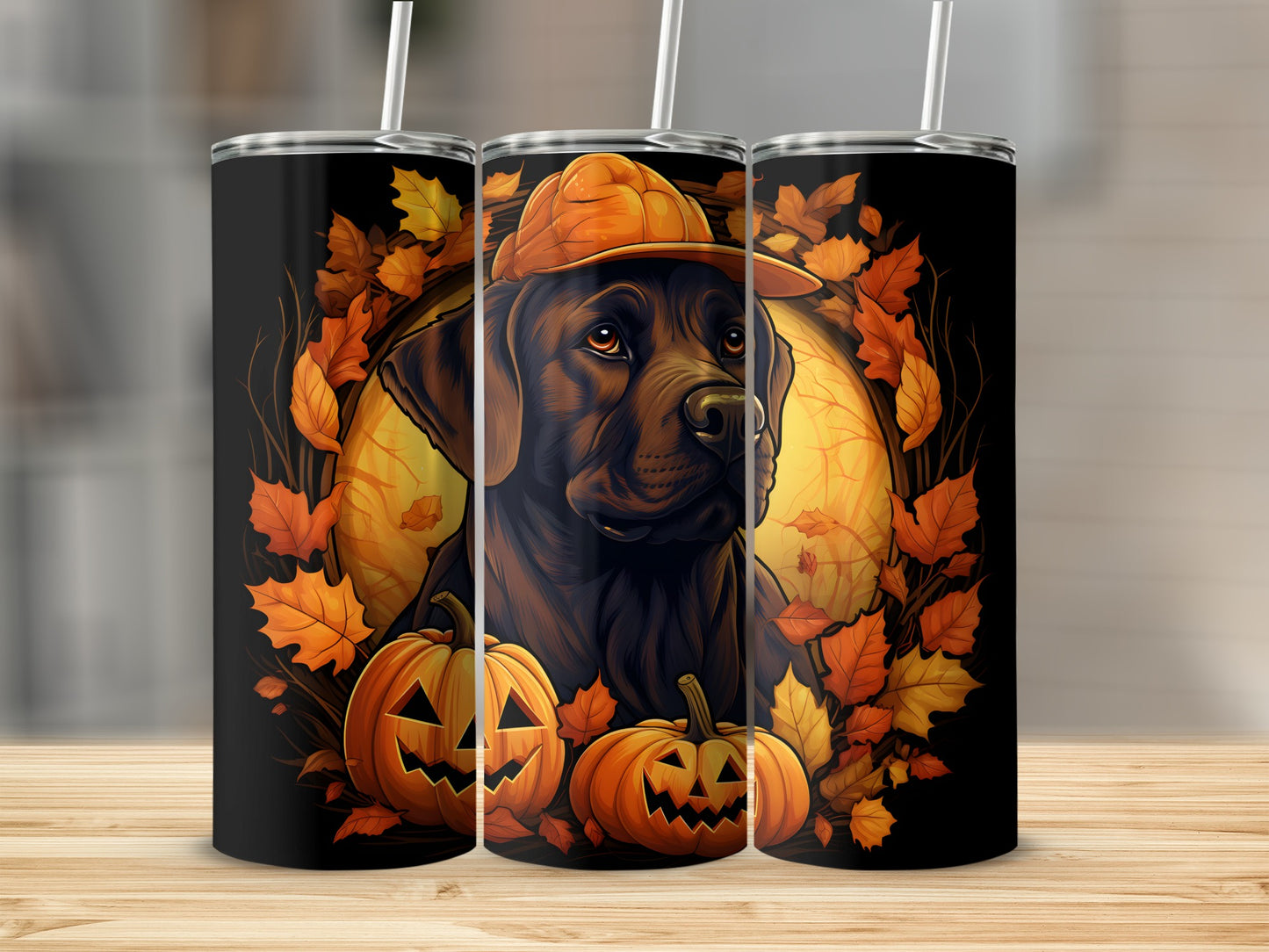 Black Labrador wearing hat with pumpkins and fall leaves.