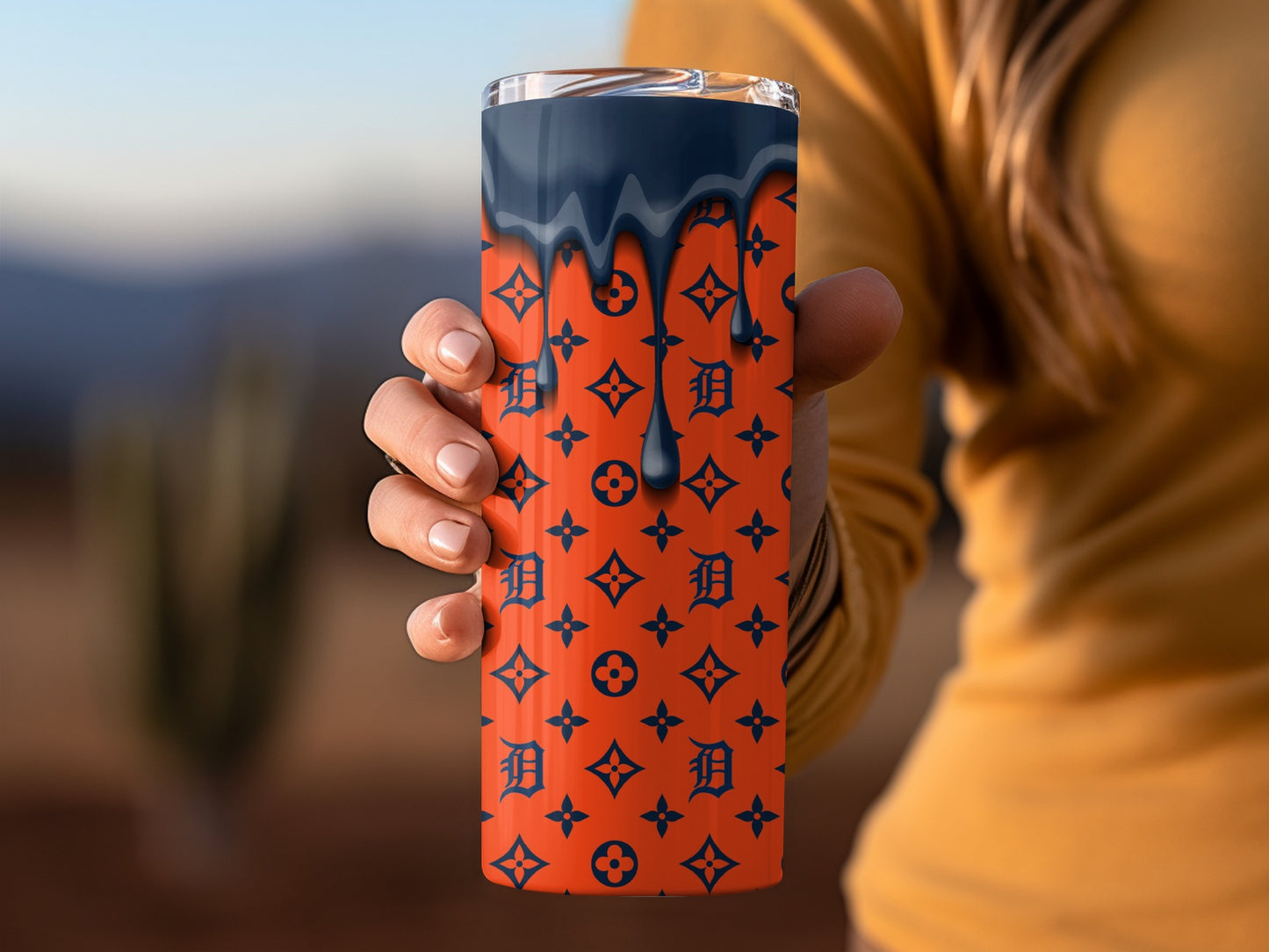 Blue Drip with Orange Pattern Background Detroit Style Tumblers