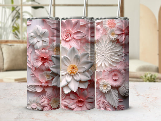 Three floral tumblers with pastel pink and white embossed flowers.