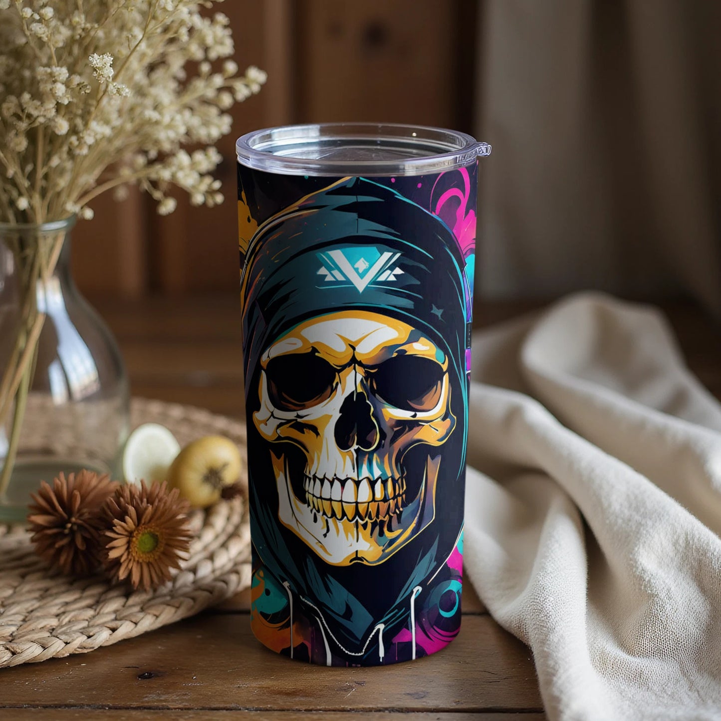 Skull with Hood and Colorful Background Tumbler