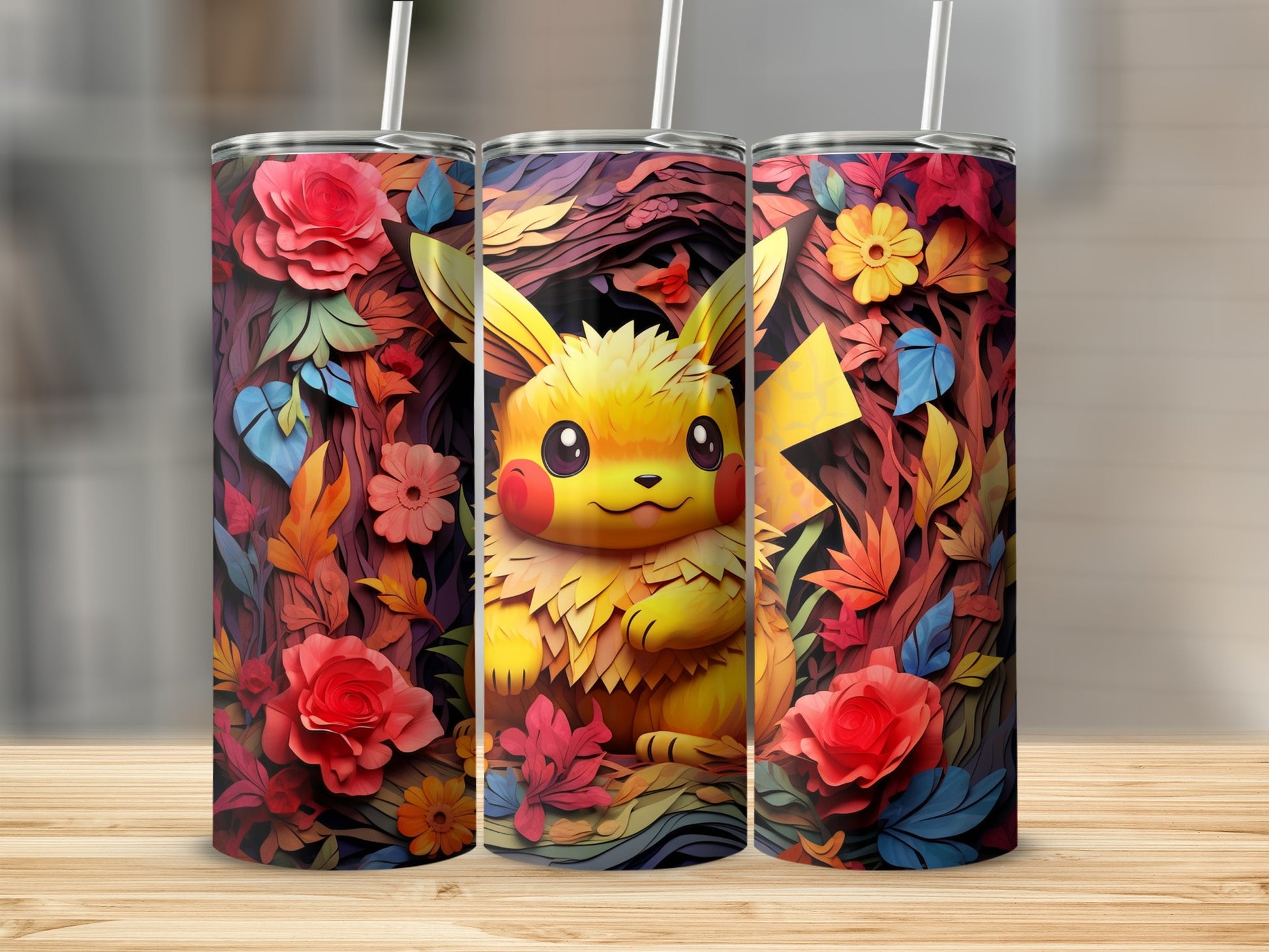 Cute Pikachu and Colorful Flowers Insulated Tumbler
