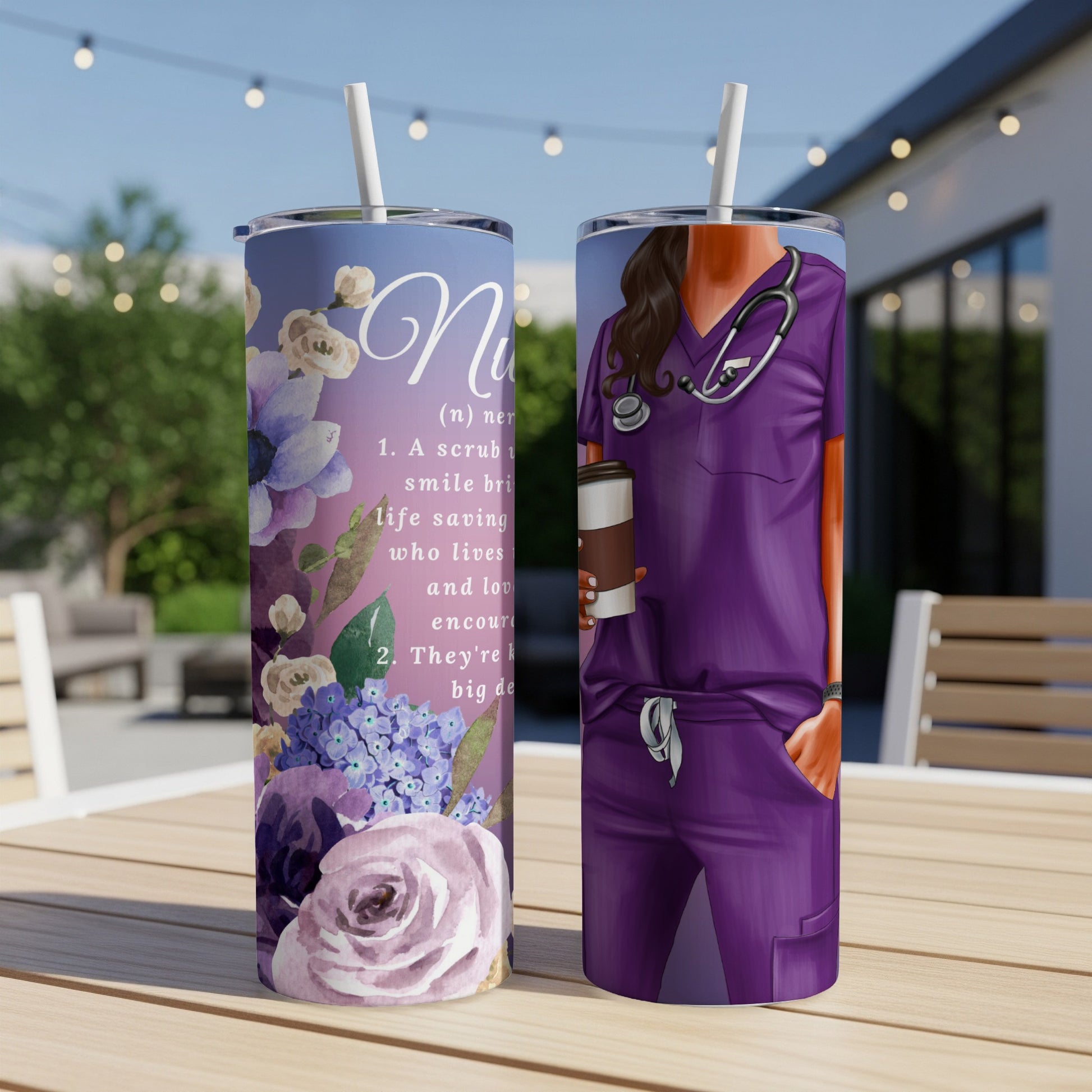 Purple nurse tumbler with floral accents and definitions of "Nurse."