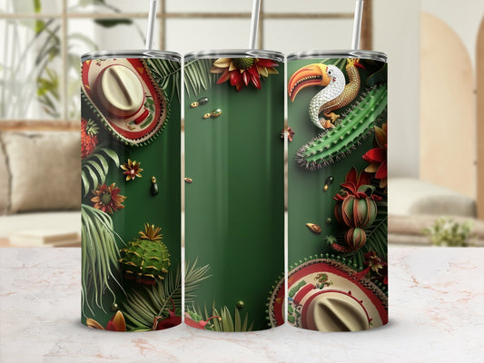Green tumbler with sombrero, cactus, and toucan illustrations on a textured background.