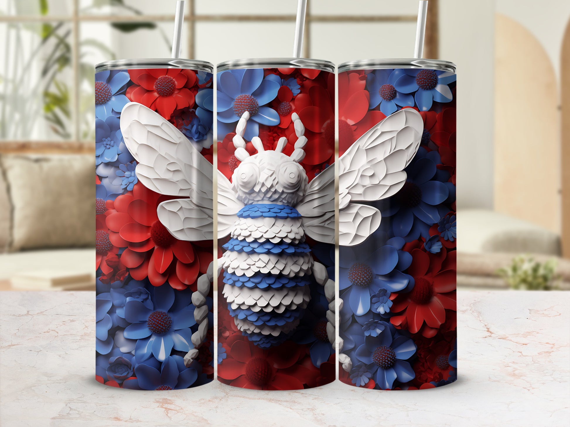 Bee tumbler with red and blue floral background.