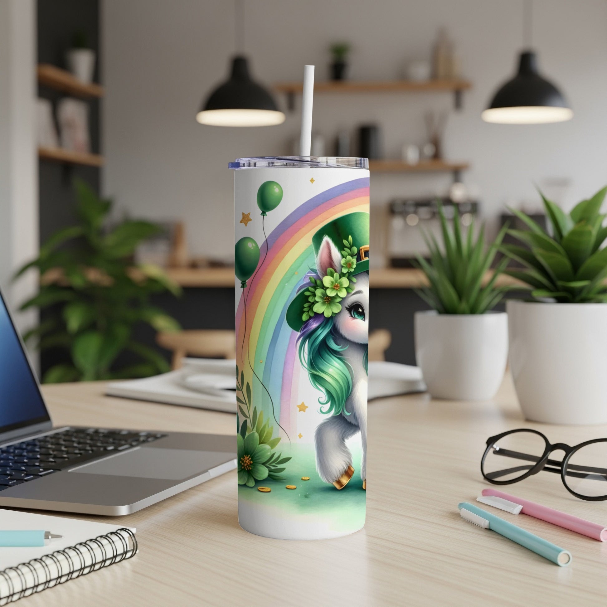 Unicorn with rainbow and shamrock hat on a festive St. Patrick's Day tumbler.