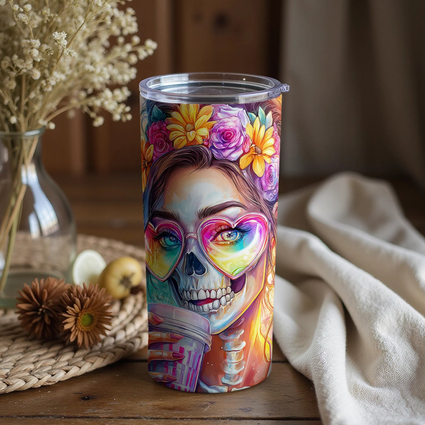 Colorful Skull Design Tumbler with Lid for Stylish Drink