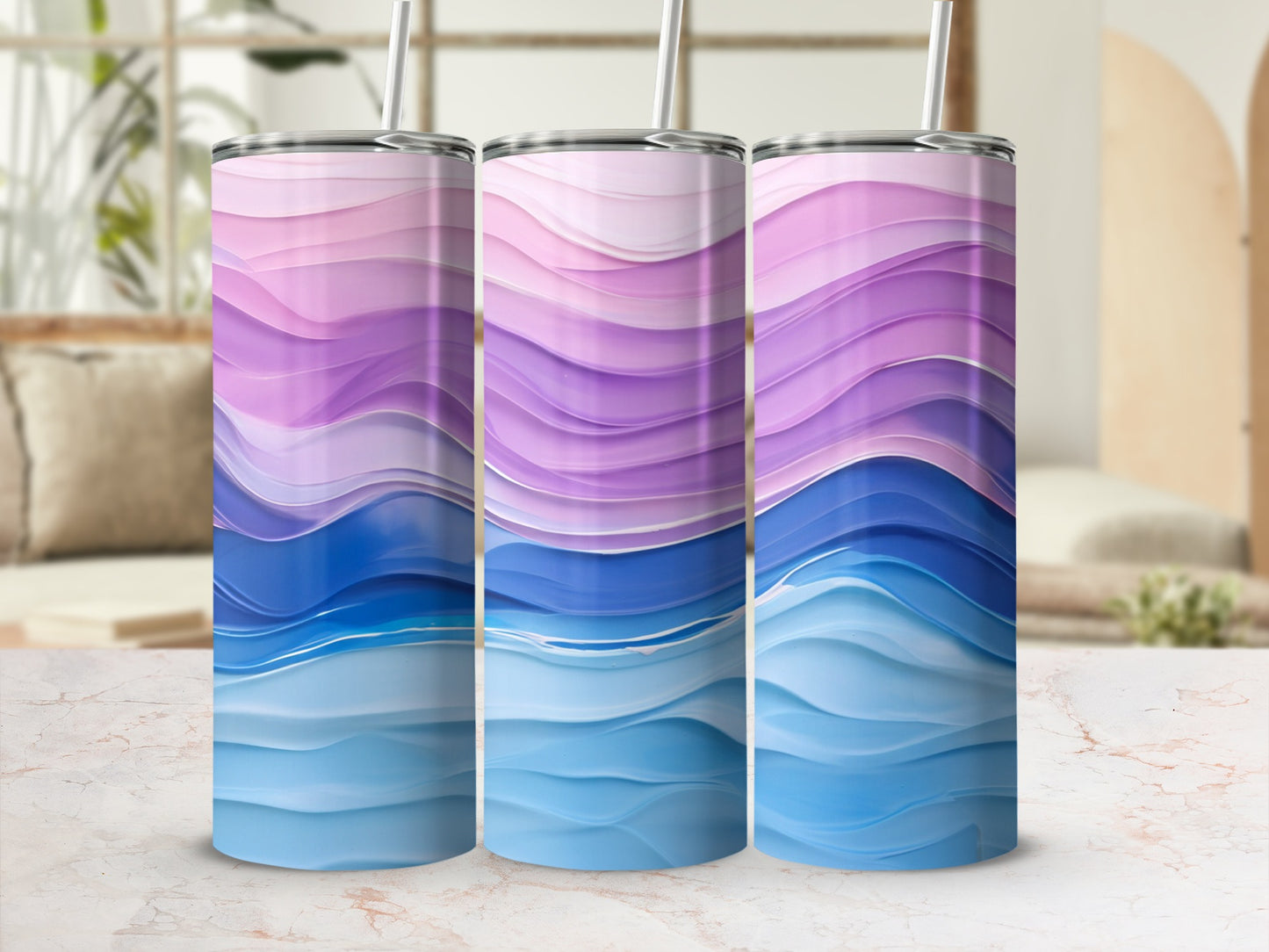 Three tumblers with flowing abstract wavy patterns in blue and purple.