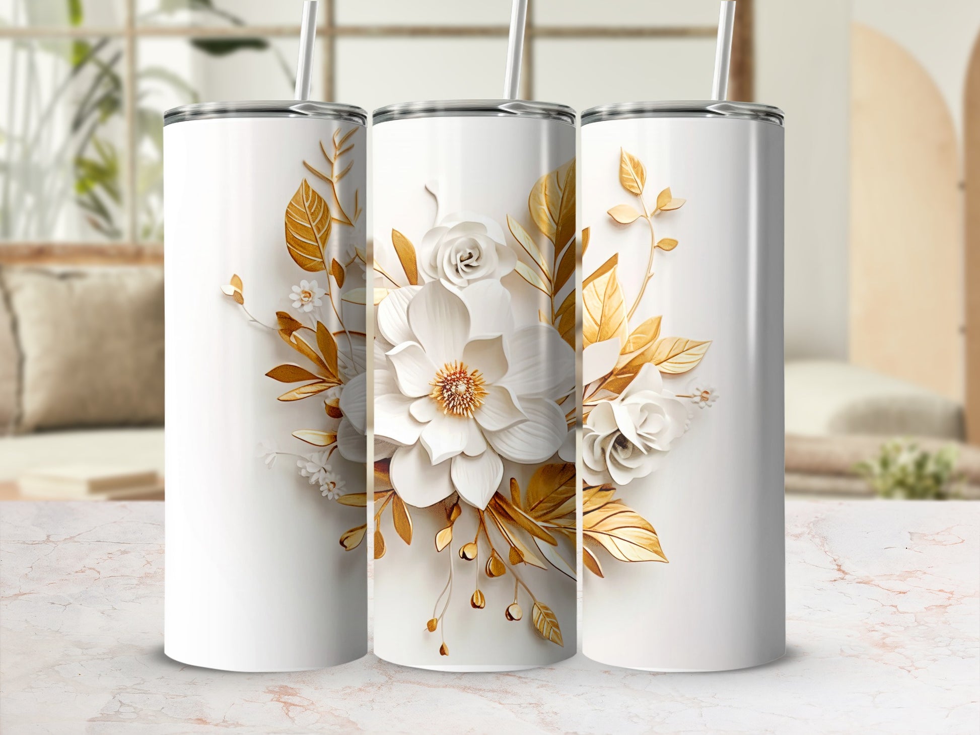 Elegant White and Gold Floral Patterned Tumbler