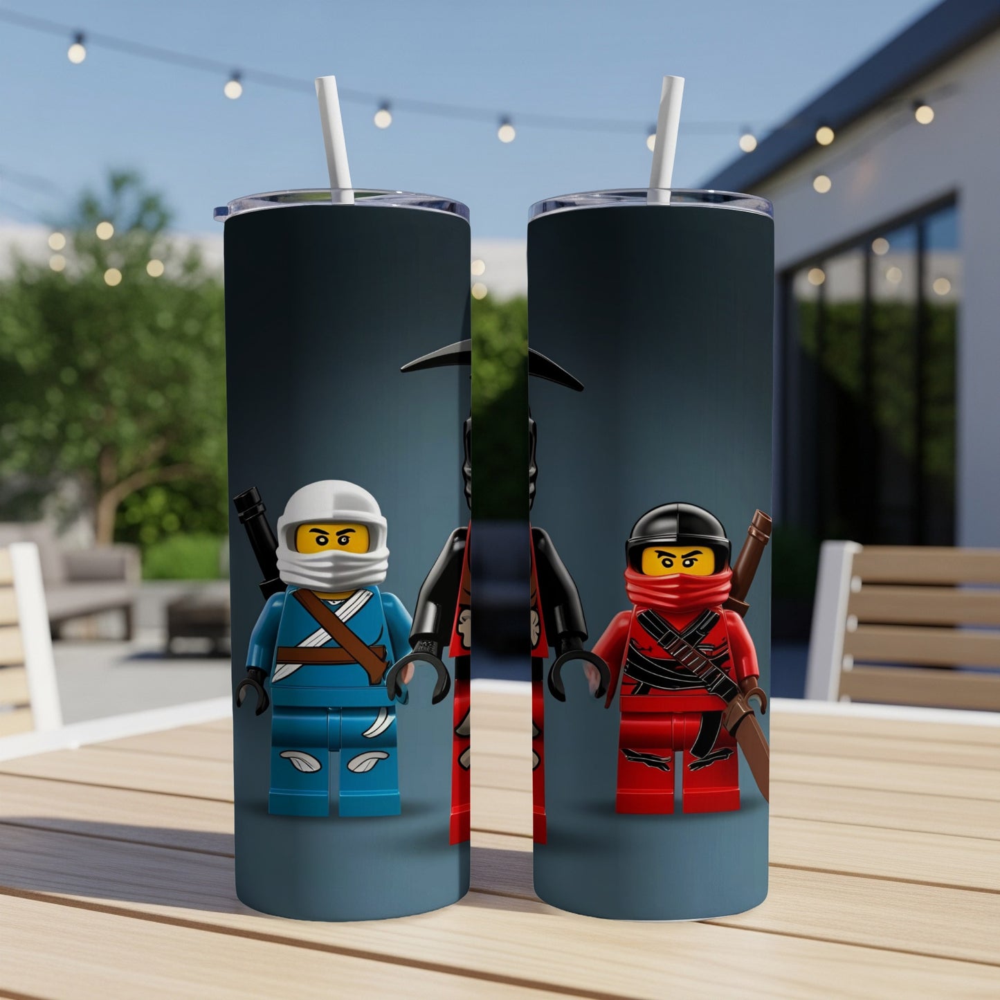Two Lego ninjas, one blue and one red, on a dark background.