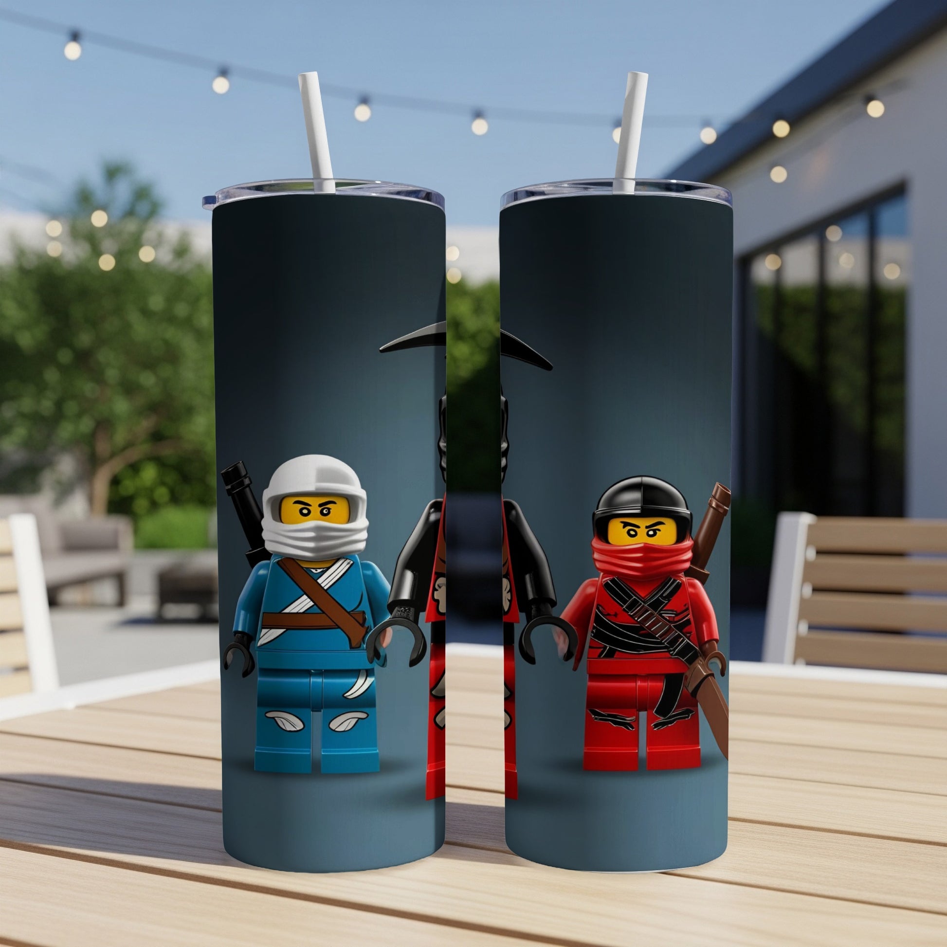 Two Lego ninjas, one blue and one red, on a dark background.