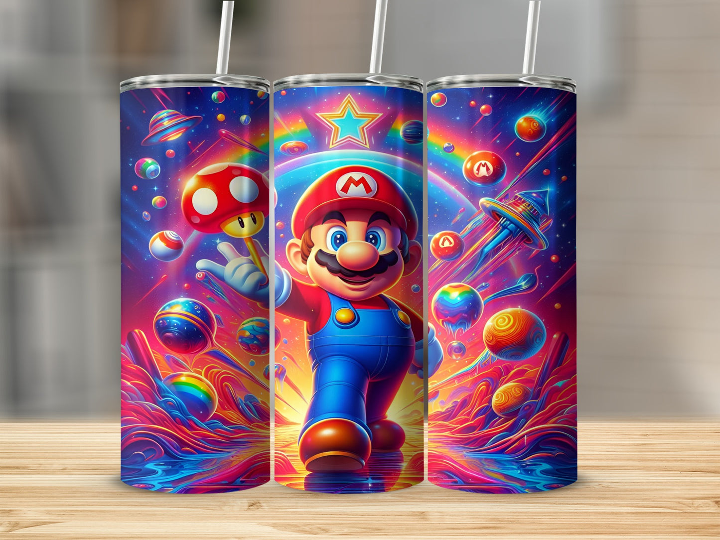 Mario character with colorful cosmic background and planets.