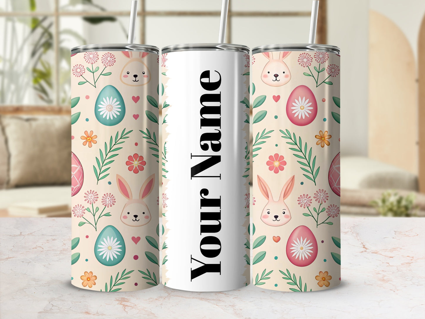 Personalized Easter Bunny Design Tumbler With Straw