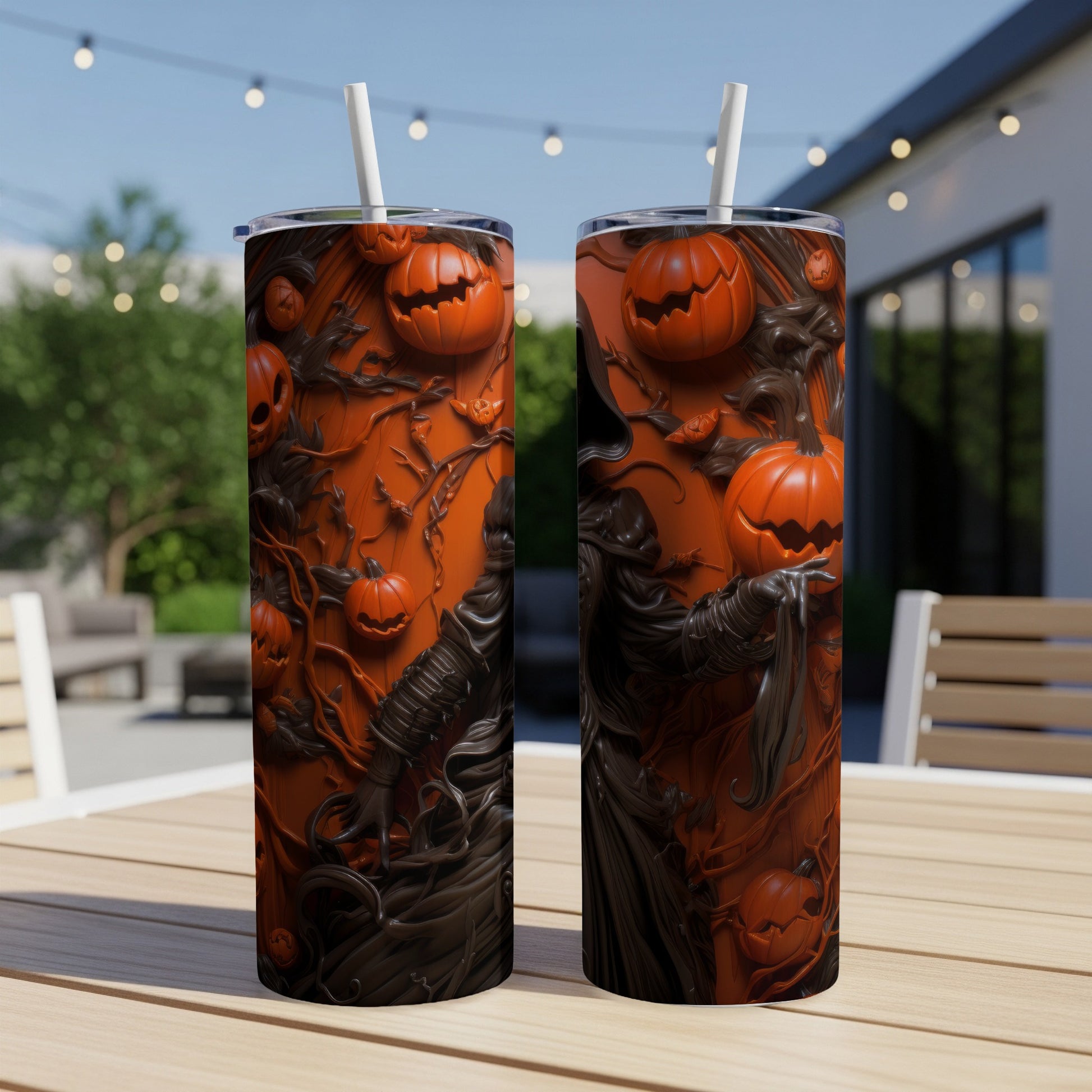 Two Halloween-themed tumblers with jack-o'-lanterns and a cloaked figure design.