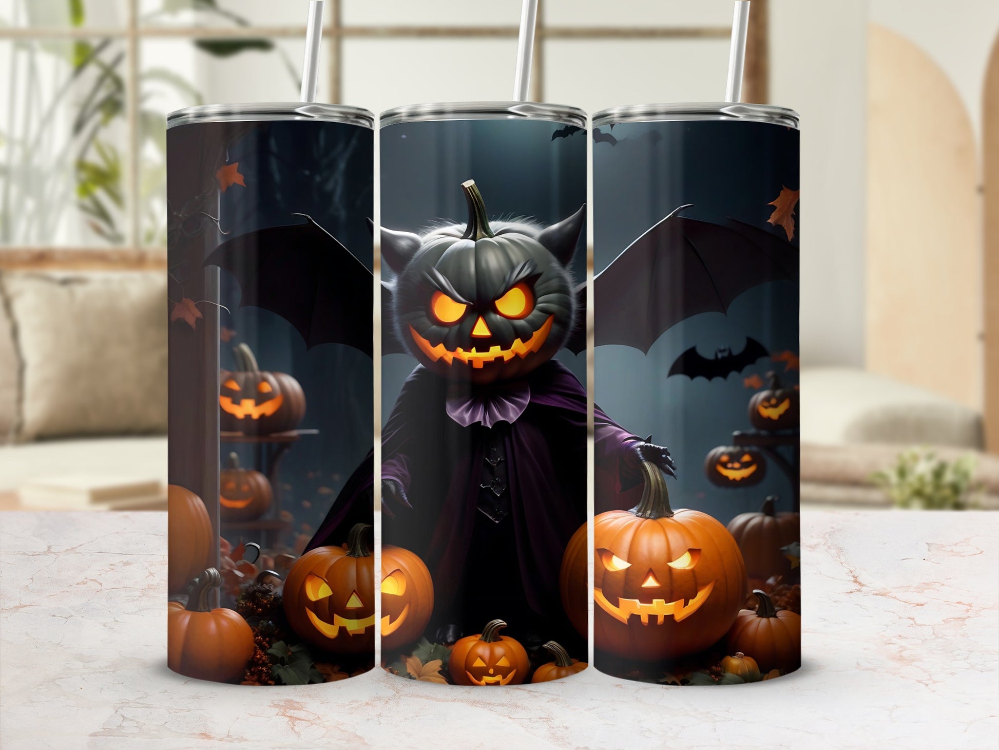 Tumbler with Halloween theme featuring a jack-o'-lantern character and spooky decorations.