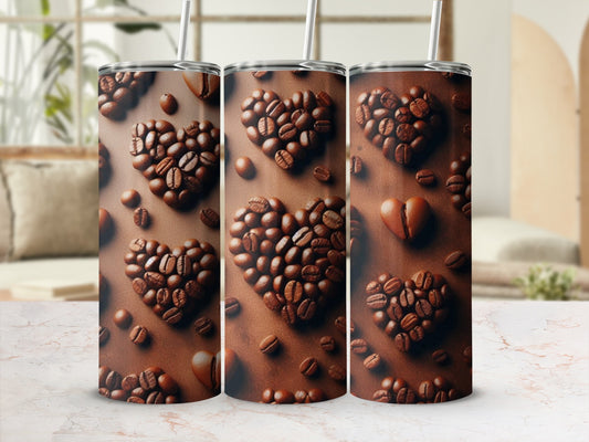 Three tumblers featuring a pattern of coffee beans forming heart shapes.