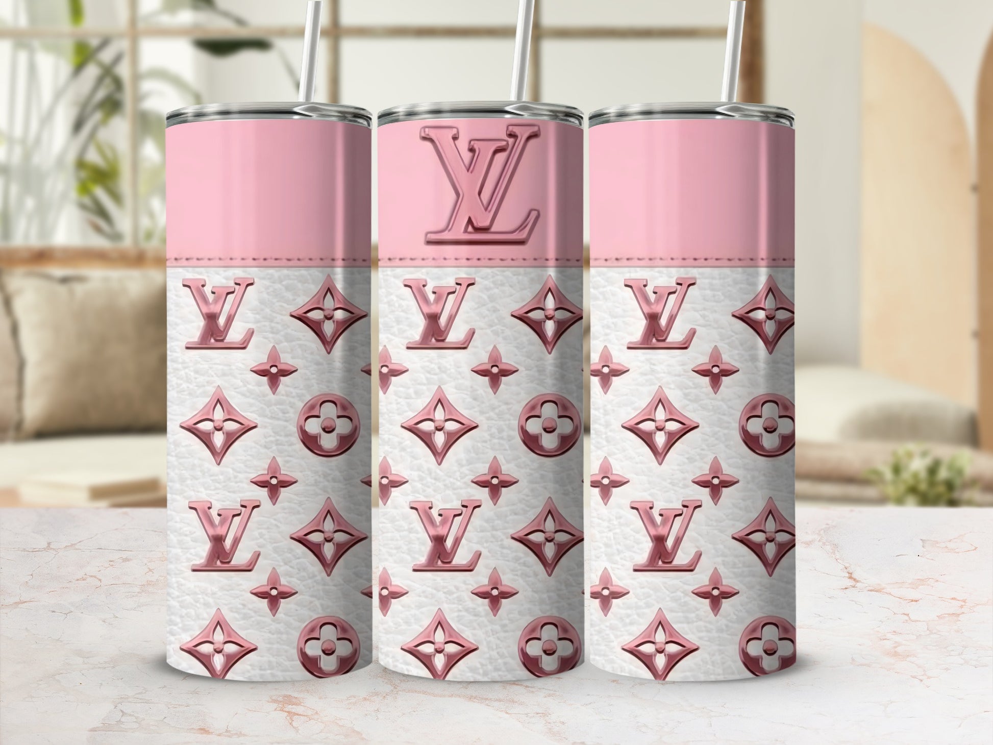 Designer Inspired Pink and White Tumbler with Straw