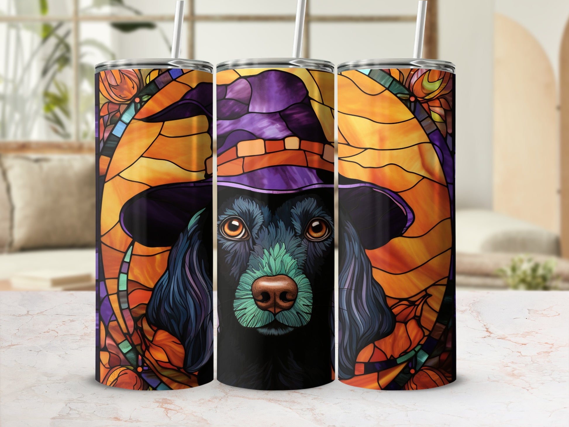Black dog wearing a purple witch hat, framed by stained glass.