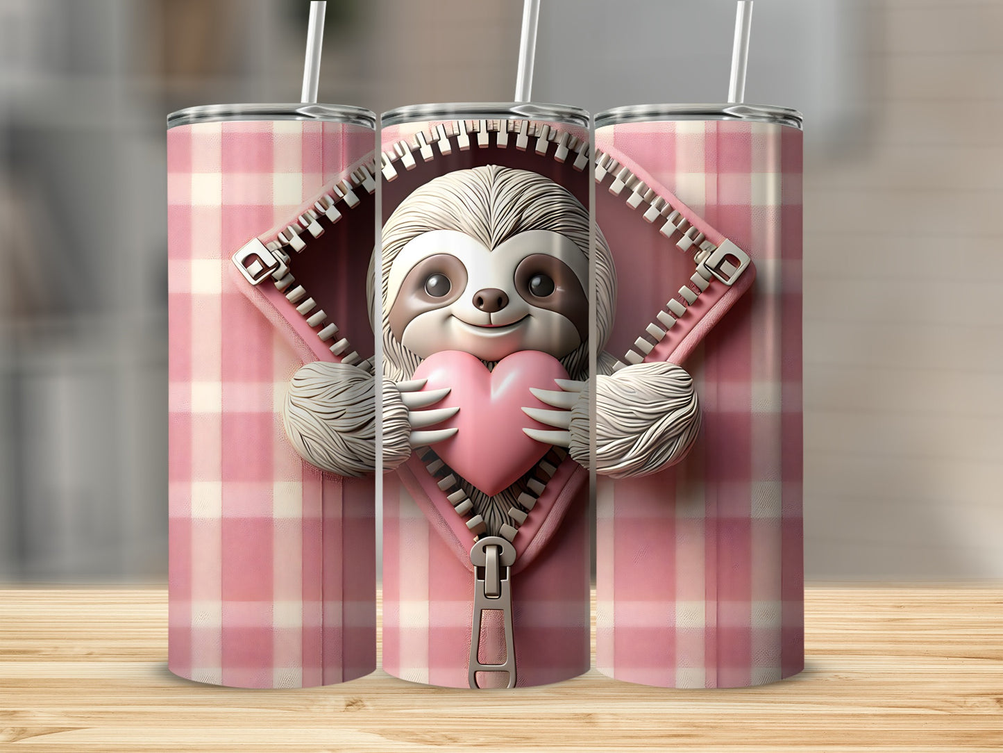 Pink plaid tumbler with cartoon sloth holding a heart, unzipped.
