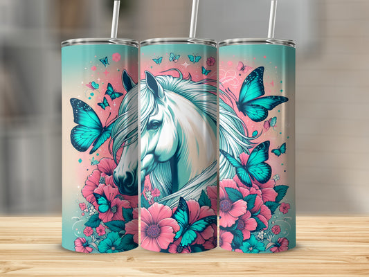 Three tumblers featuring a white horse, butterflies, and pink flowers.