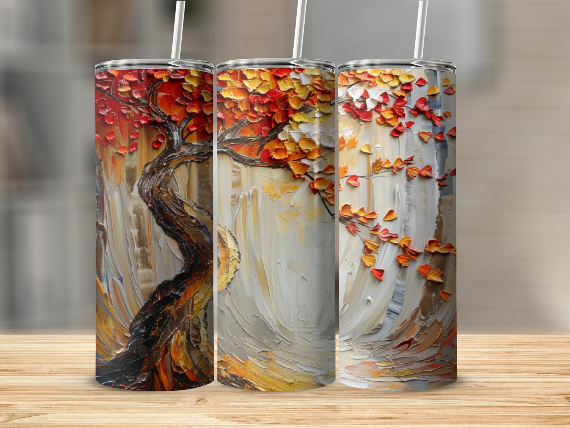 Three tumblers featuring a textured, impressionistic fall tree painting.