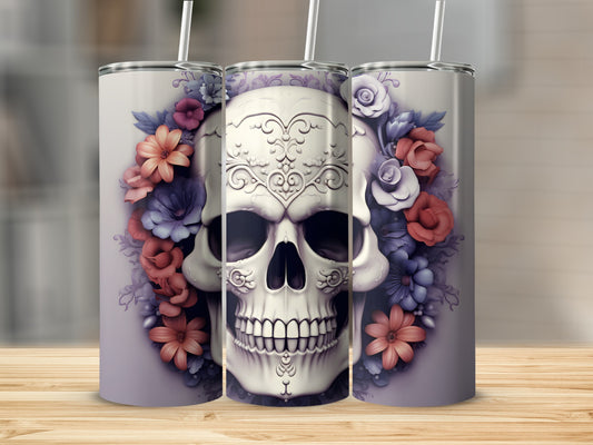 Sugar skull with purple and pink flowers on a tumbler.