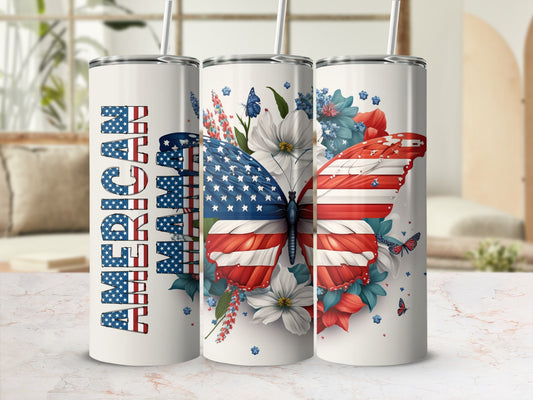 Triptych of tumblers featuring an American flag butterfly and "American" text.
