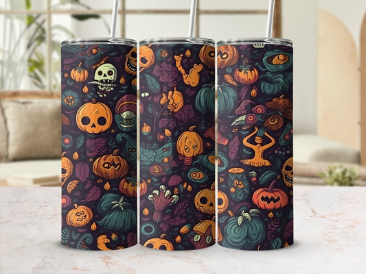 Three tumblers with a dark Halloween pattern featuring pumpkins, skulls, and leaves.