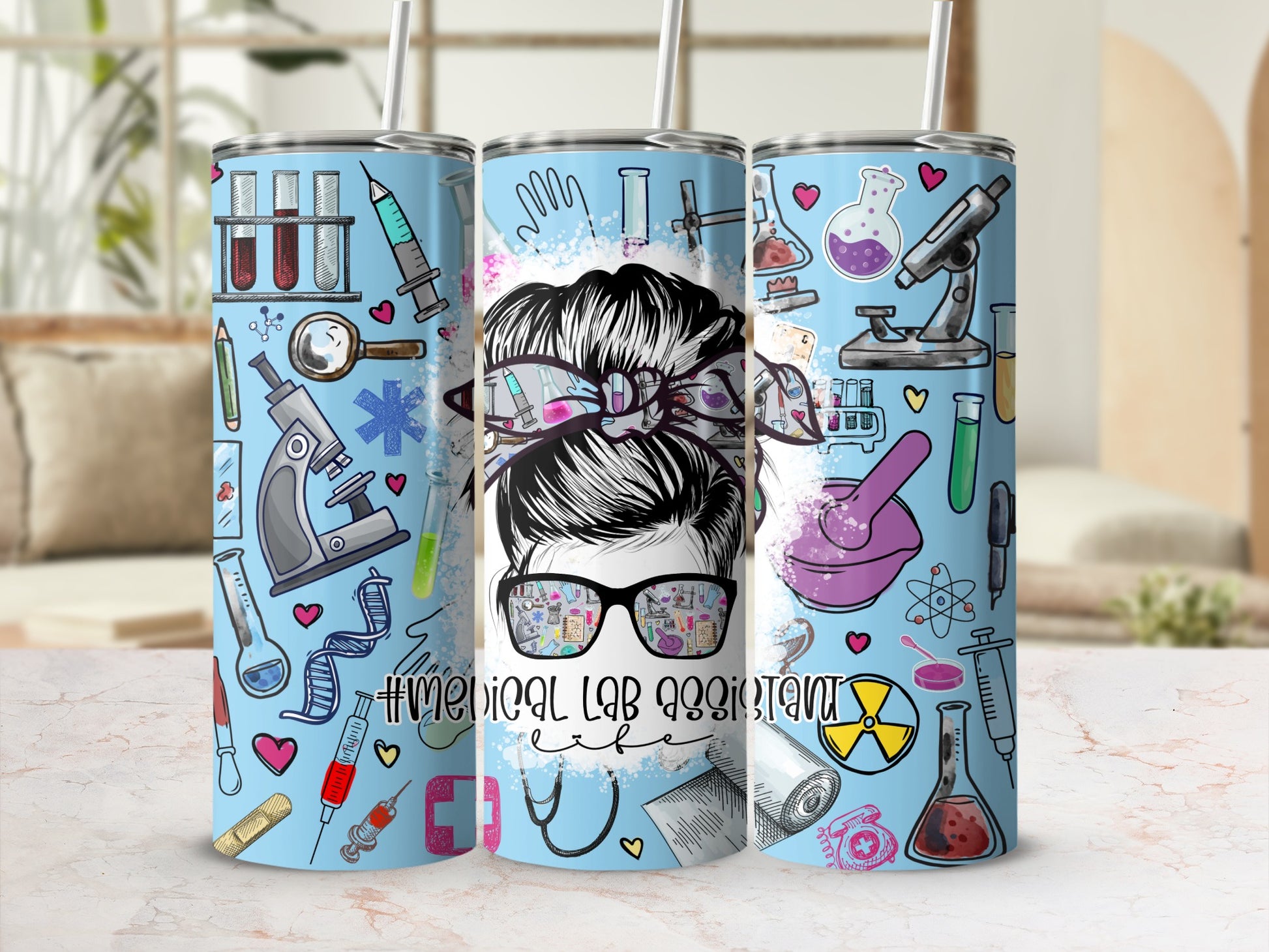 Light blue tumbler with medical laboratory assistant design and various science icons.