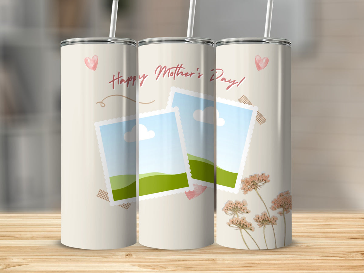 Three tumblers with "Happy Mother's Day" text, photo frames, and floral designs.
