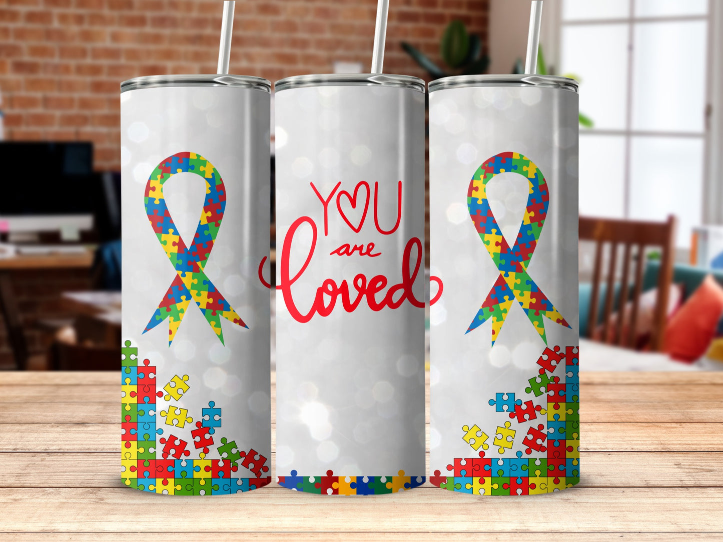 You Are Loved Puzzle Ribbon Print Tumbler