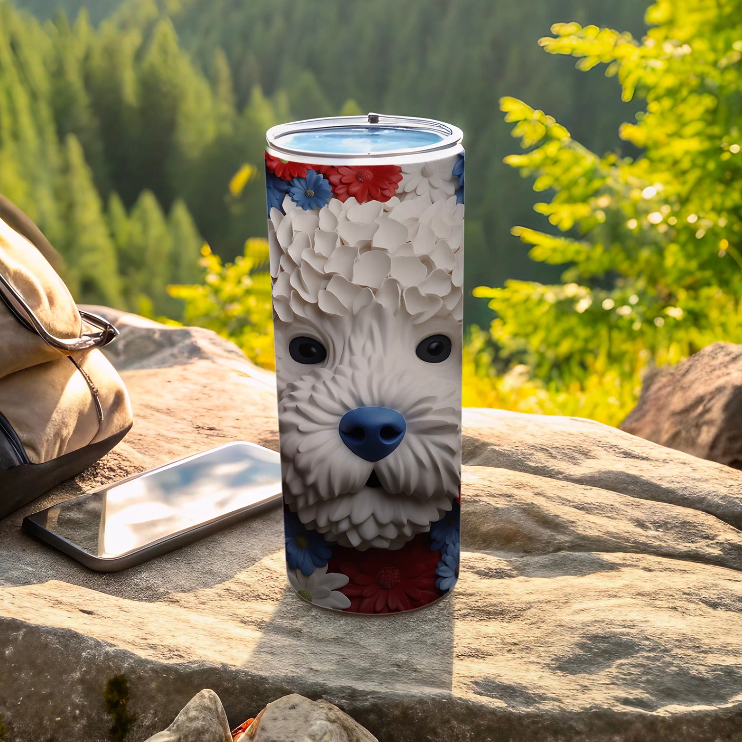 Tumbler with a close-up of a dog's face surrounded by red and white flowers.