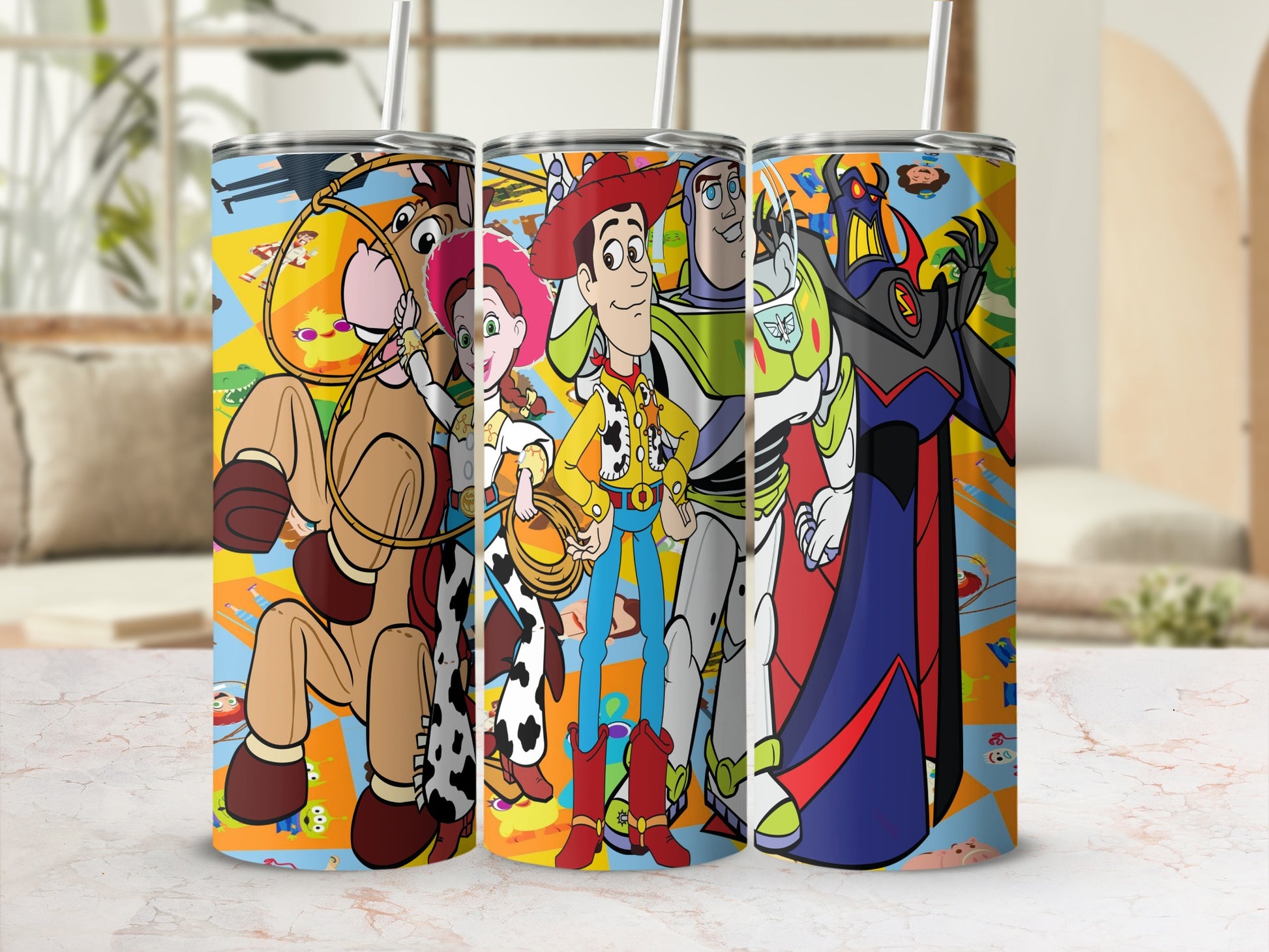 Toy Story characters Woody, Buzz Lightyear, Jessie, Bullseye and Zurg on a tumbler.