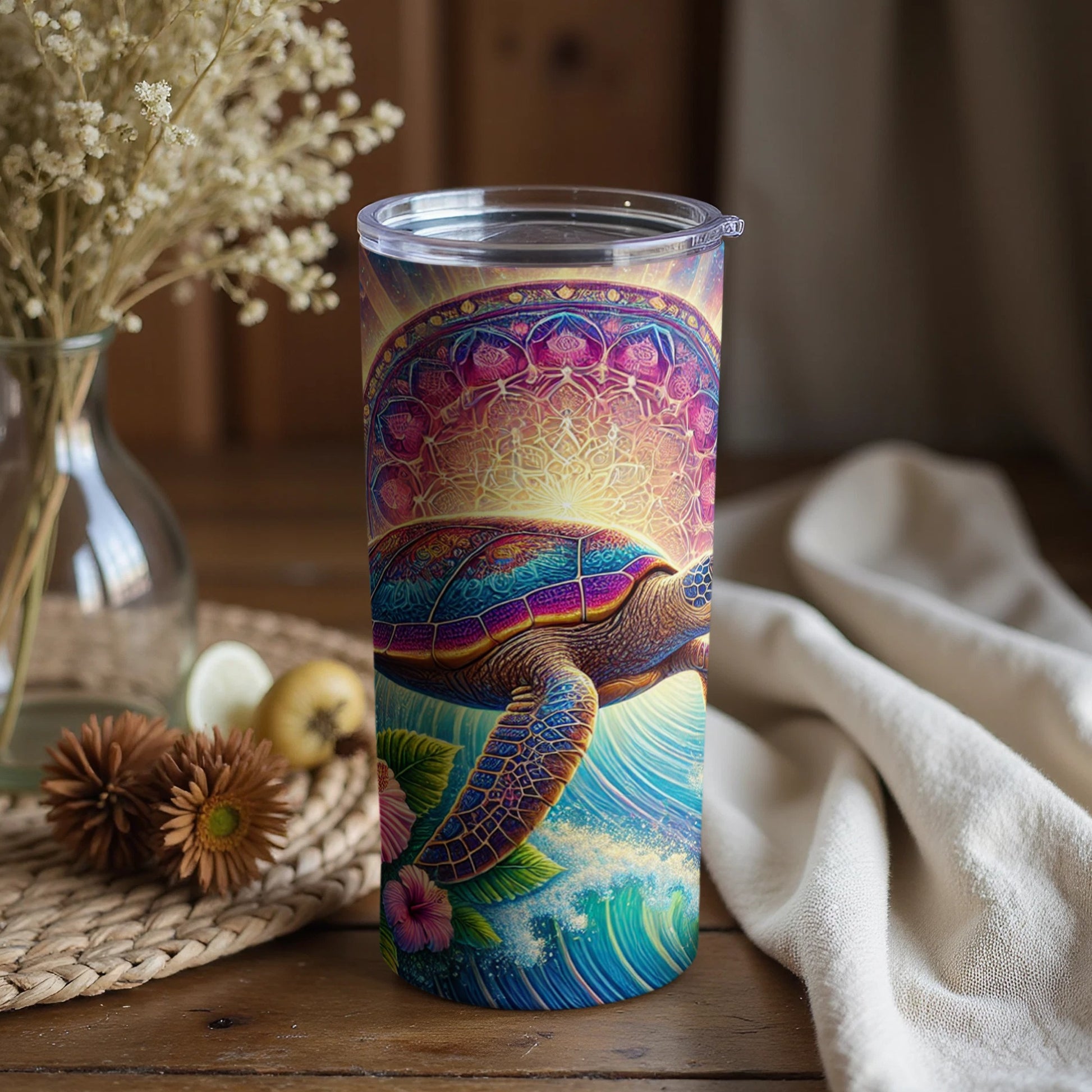 Colorful Turtle Artwork on Insulated Travel Tumbler