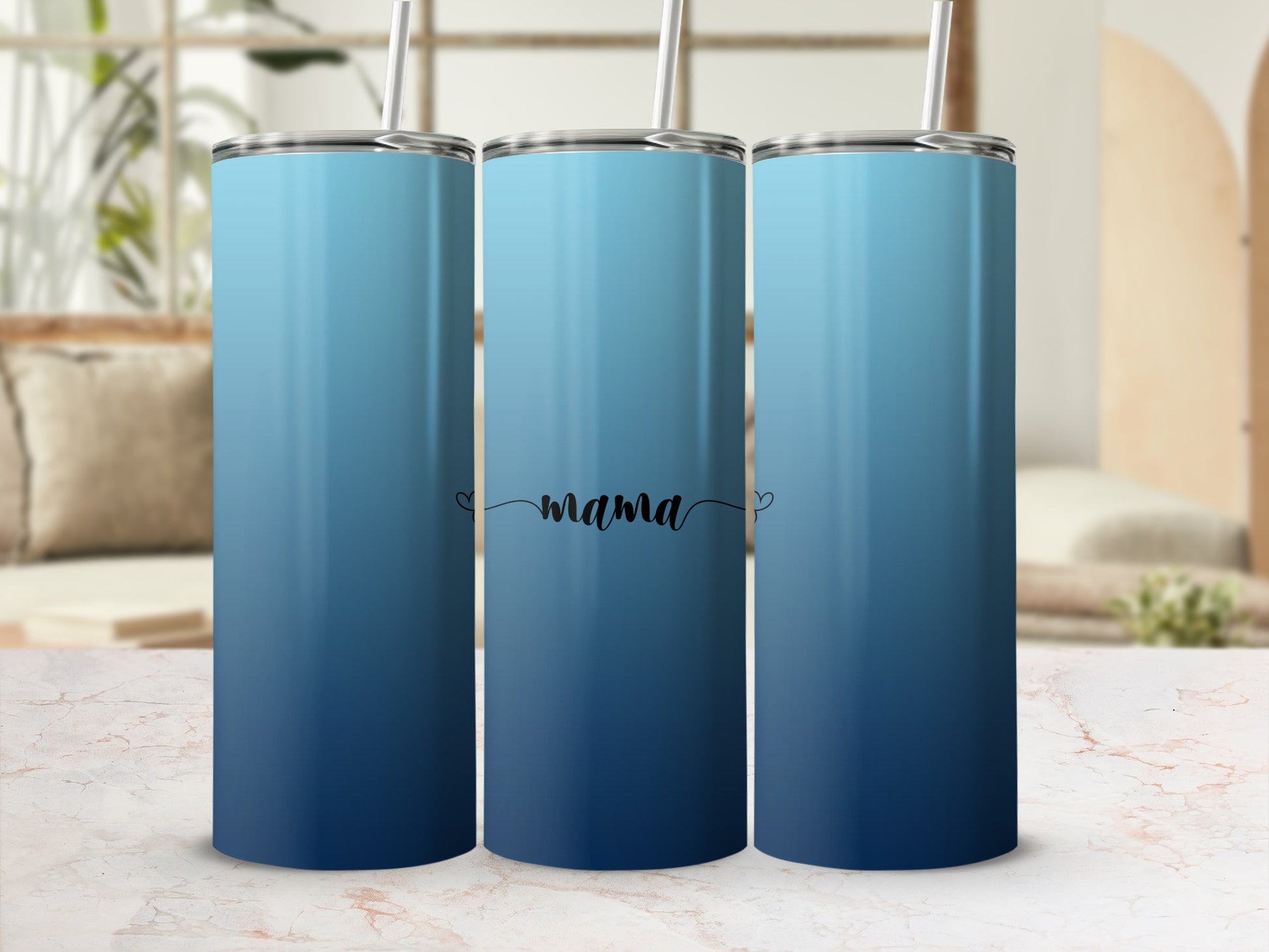 Blue ombre tumbler with "mama" text.