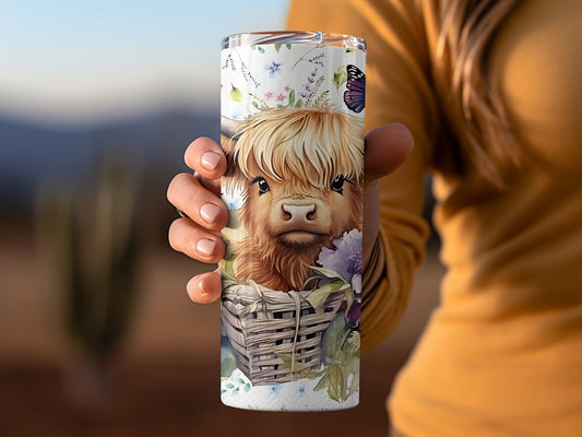 Cute Highland Cow Design on Floral Insulated Tumbler