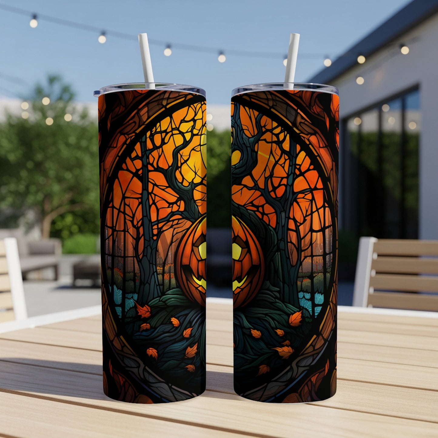 Two tumblers with a Halloween pumpkin and forest scene design.