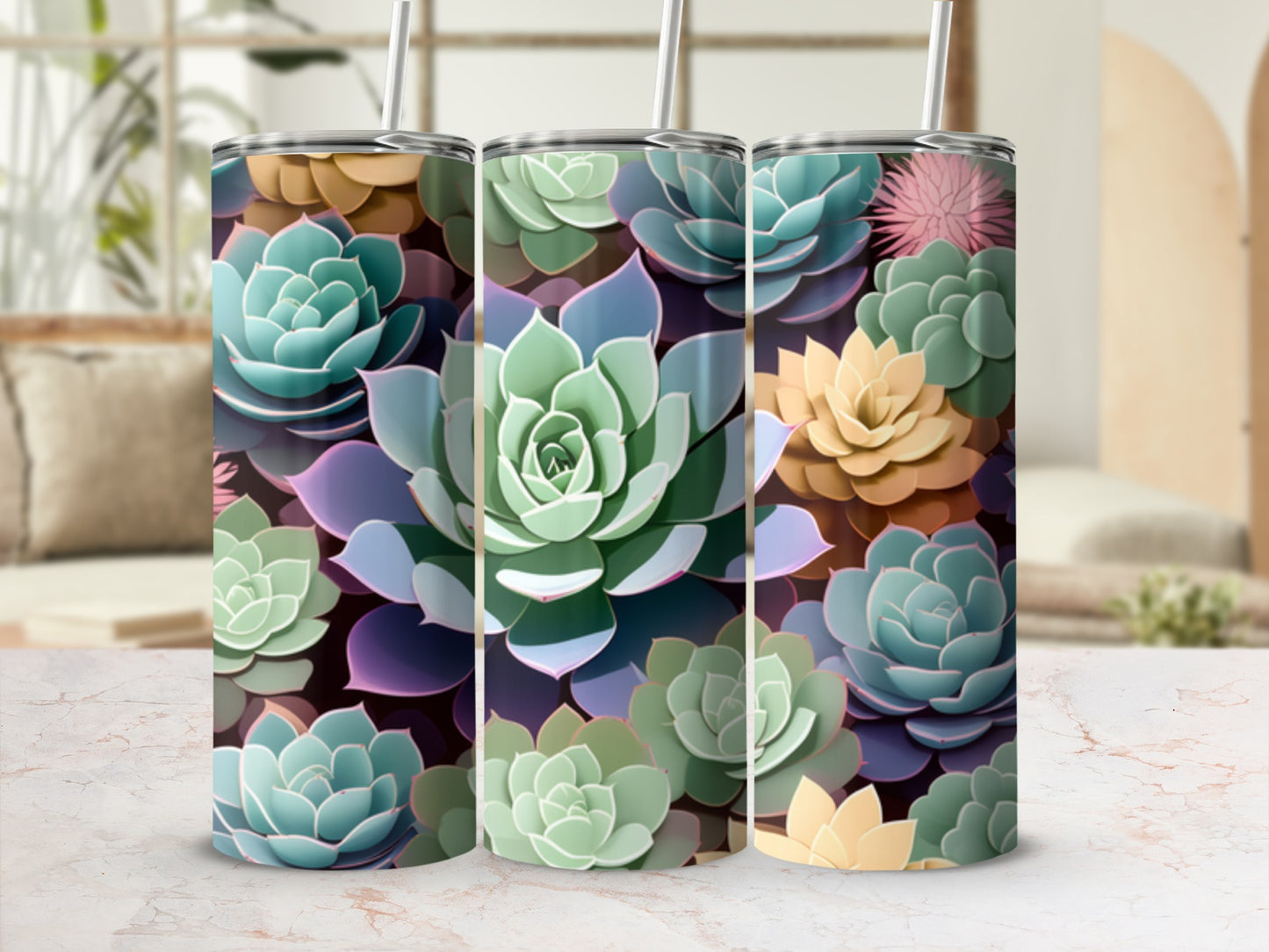 Succulent floral pattern on a set of three insulated tumblers.