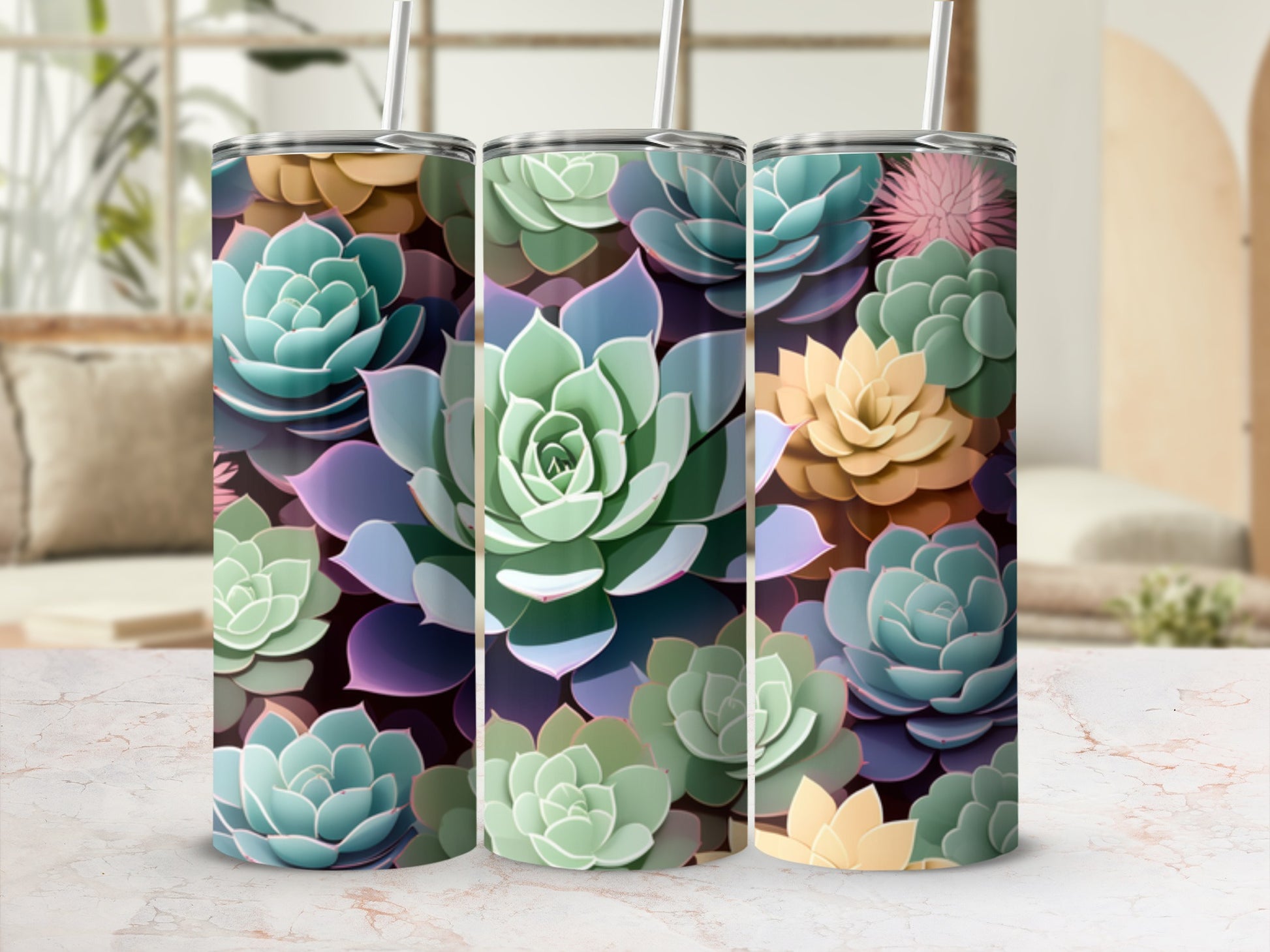 Succulent floral pattern on a set of three insulated tumblers.