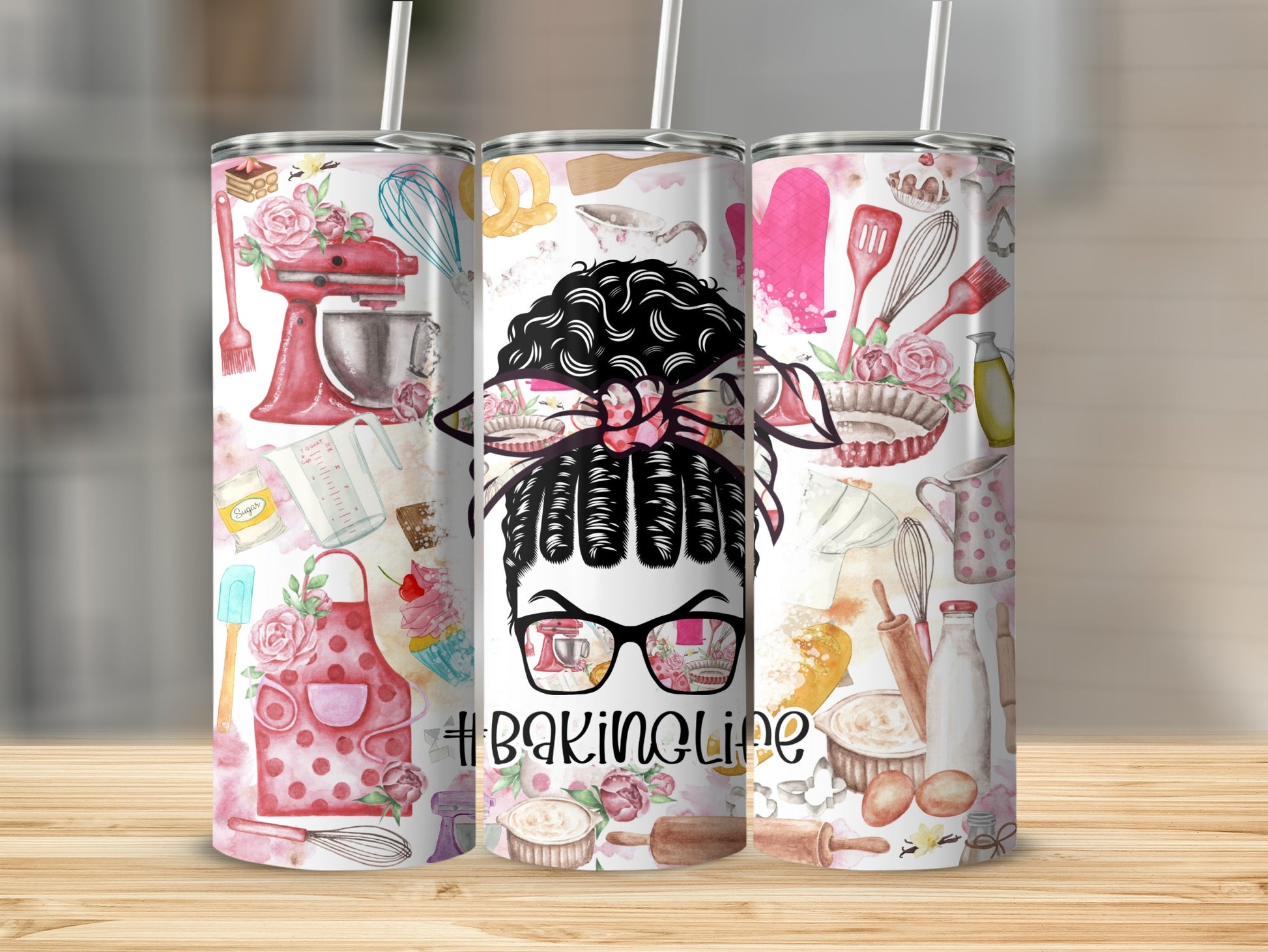 Tumbler with baking illustrations and "#BakingLife" text.