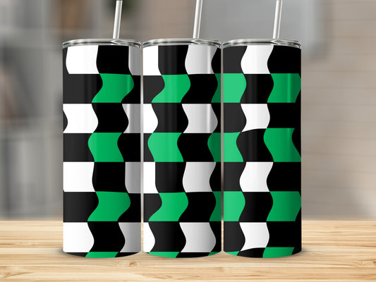 Three tumblers with black, white, and green checkered wave pattern.