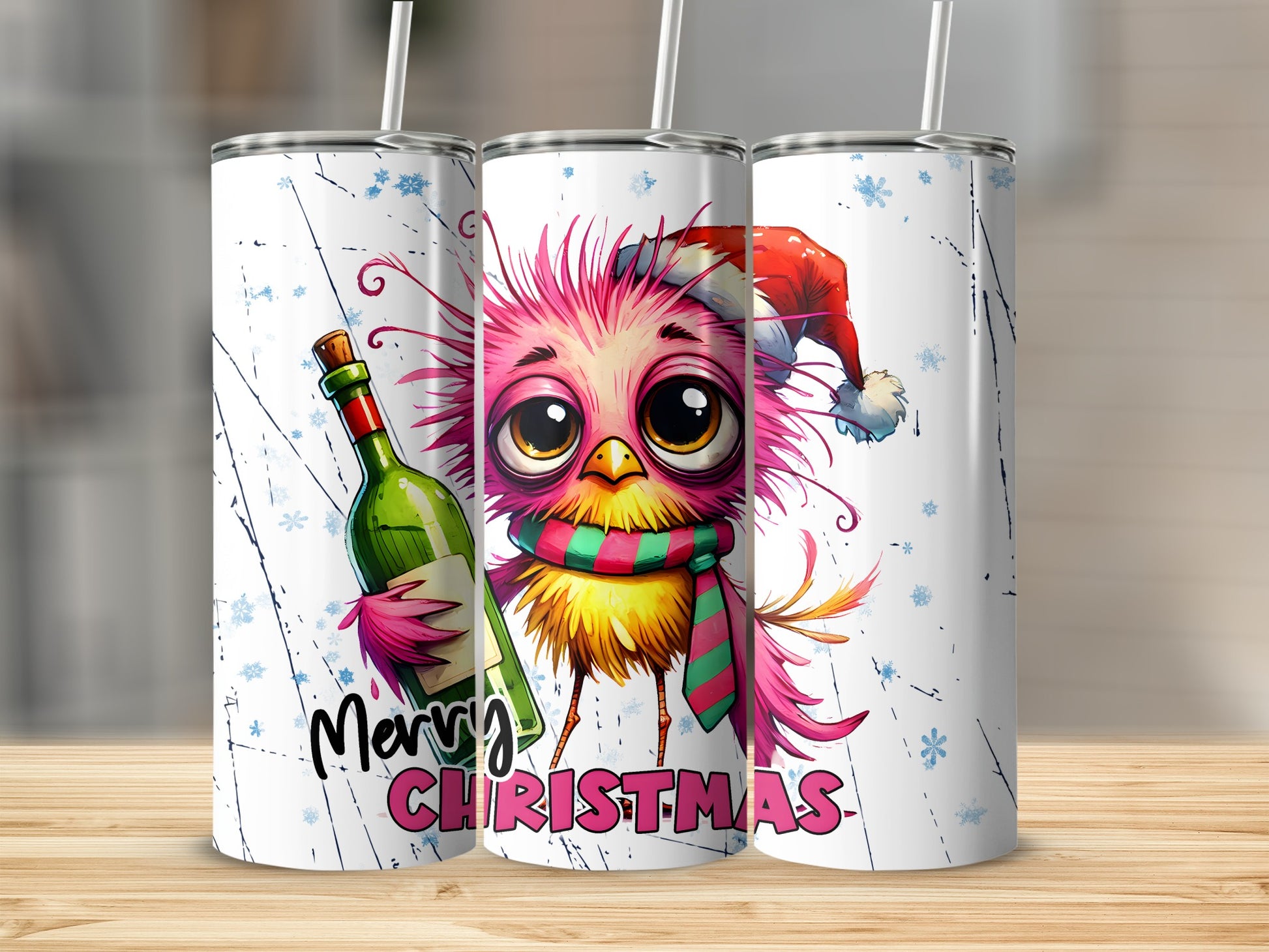 Cartoon bird in Santa hat holding wine bottle, Merry Christmas text.