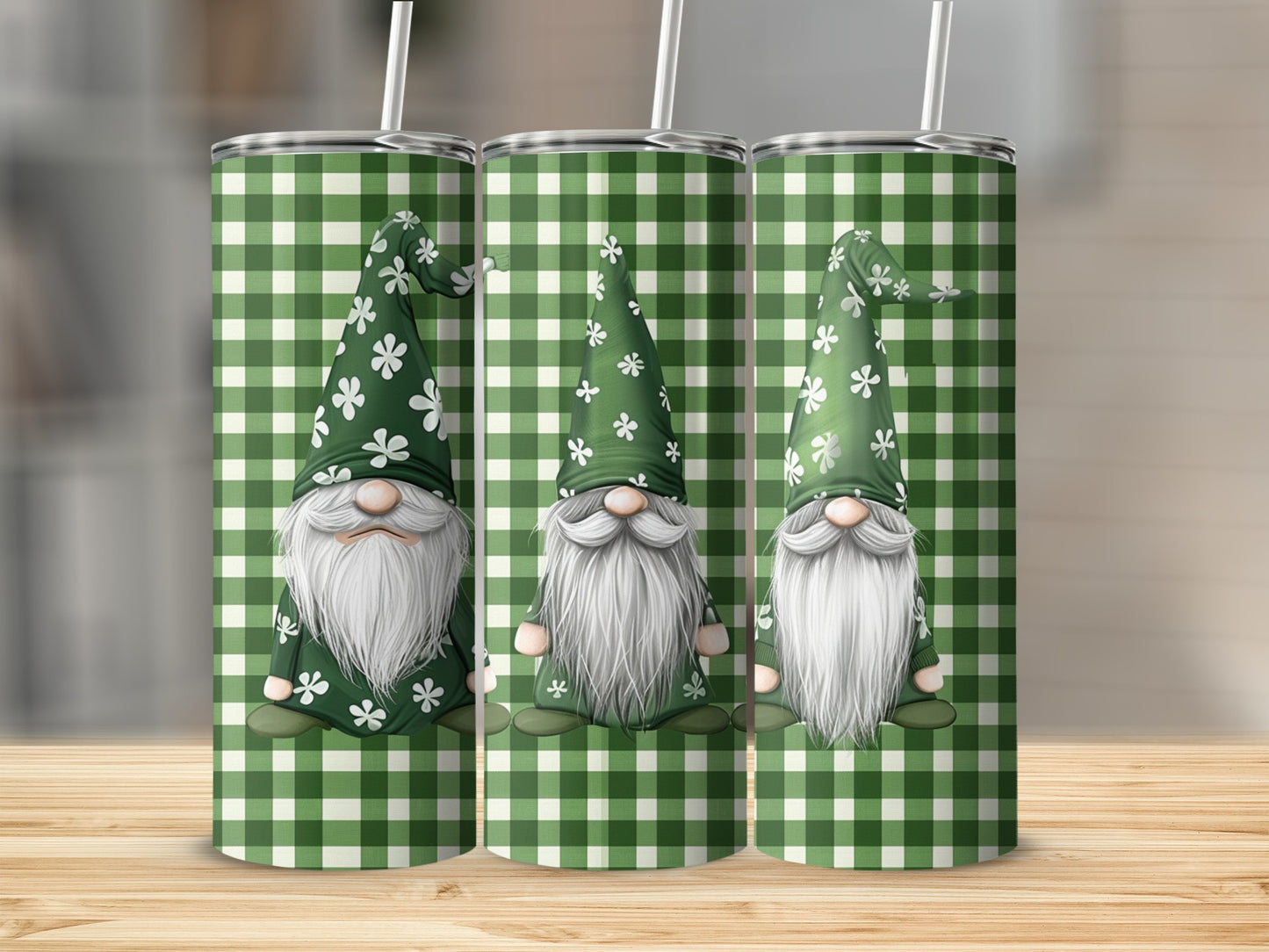 Three green gnomes with white beards and floral hats on a plaid background.