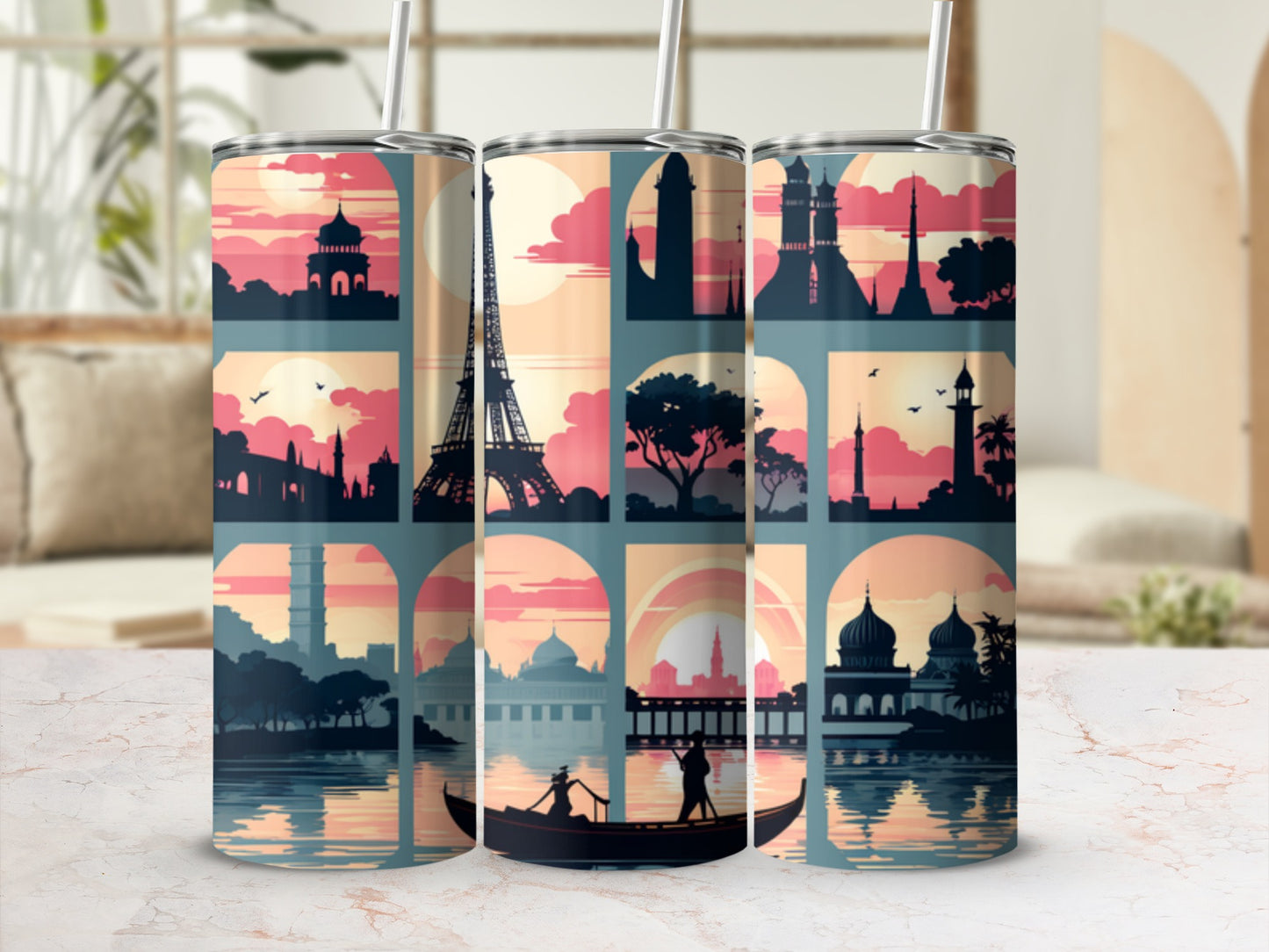 Silhouettes of landmarks including Eiffel Tower and mosques on a sunset river.