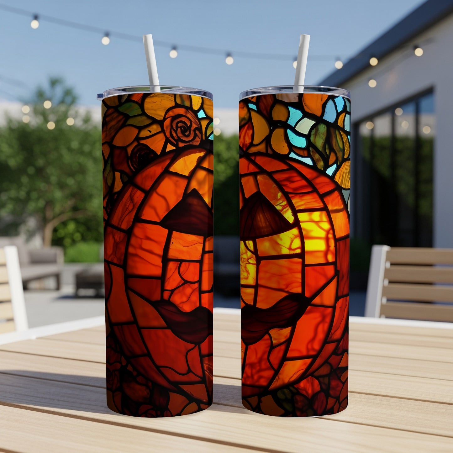 Two tumblers with stained glass pumpkin design sit on a table outdoors.