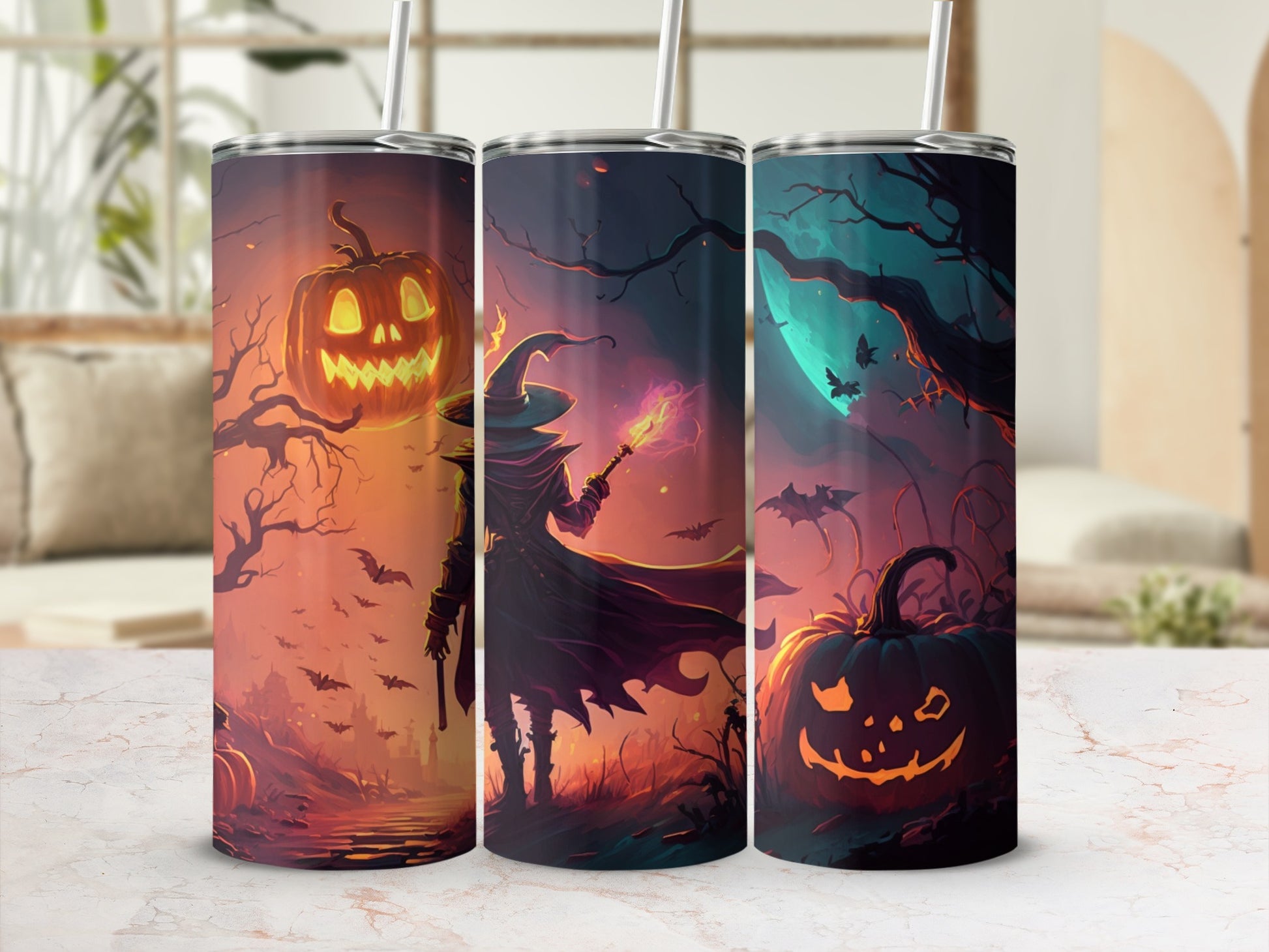 Three tumblers with Halloween scenes featuring jack-o'-lanterns and a witch.