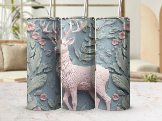 Pink deer with floral relief on a textured tumbler, shown from multiple angles.