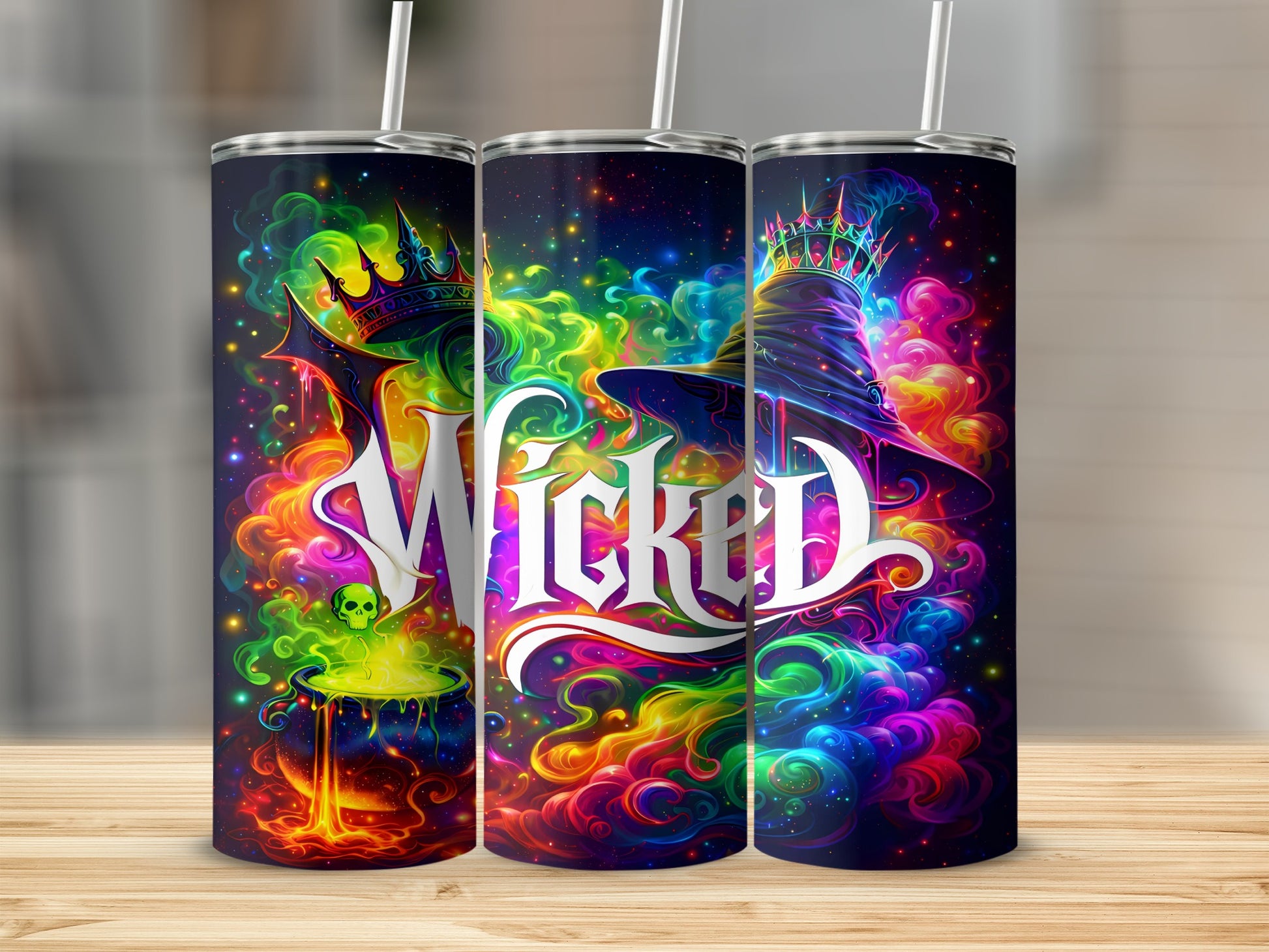 Three tumblers with "Wicked" text and colorful witchy graphics.
