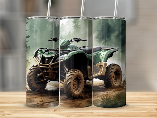 Green ATV on a dirt path with trees in the background.