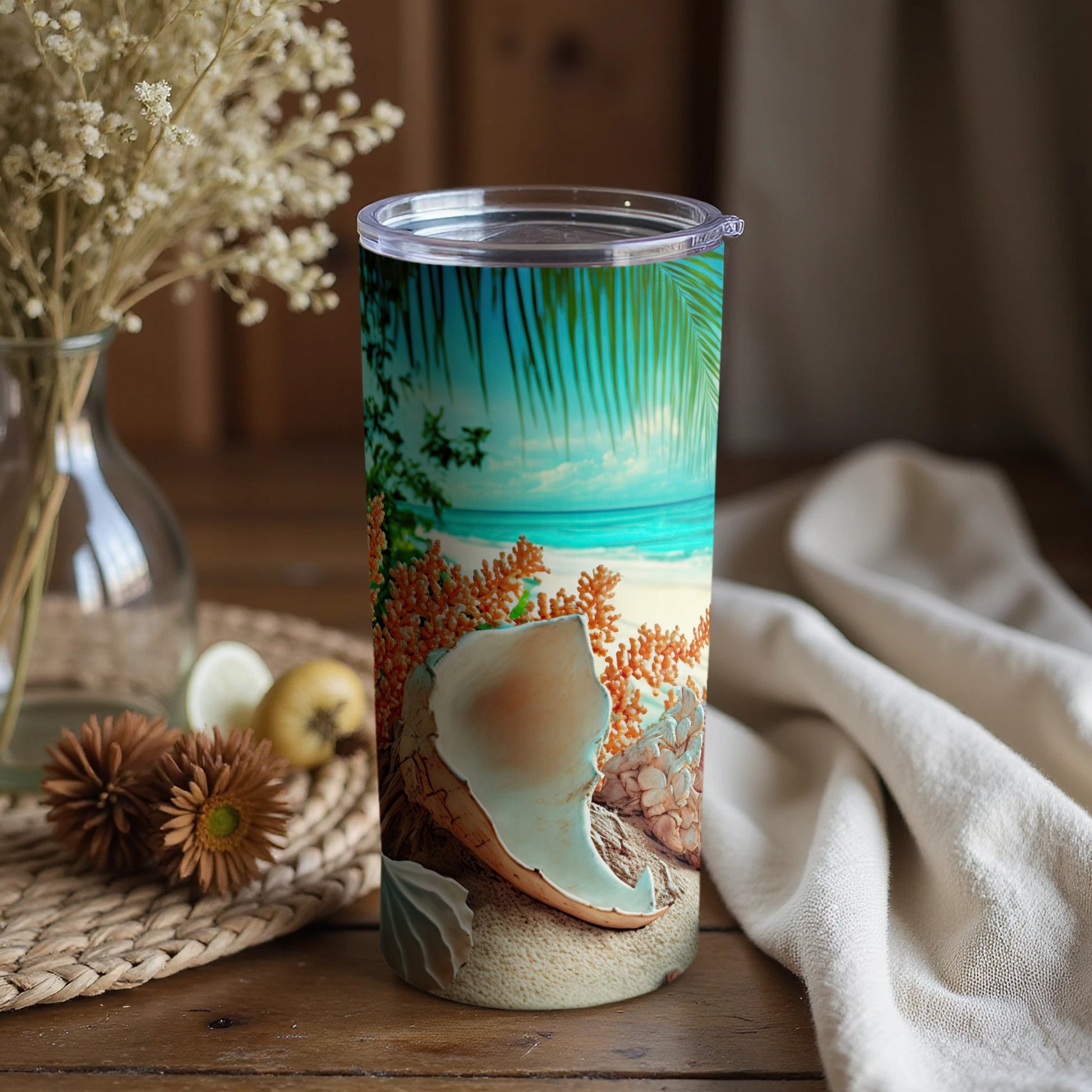 Tropical Beach Scene with Coconut Travel Mug