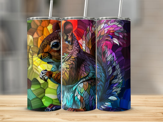 Stained glass squirrel on insulated tumbler.